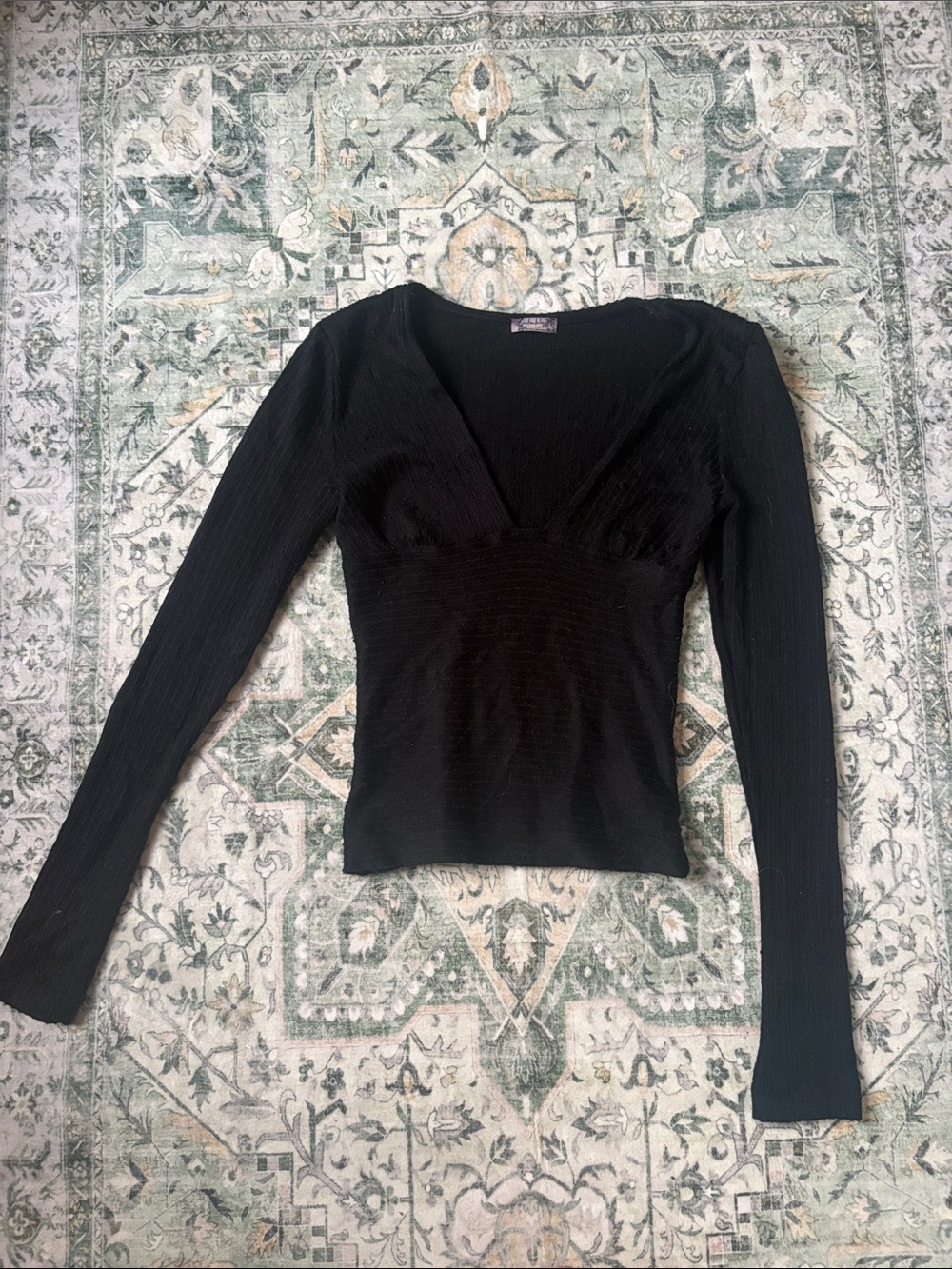 Free People Black V-Neck Long Sleeve Ribbed Women's Top